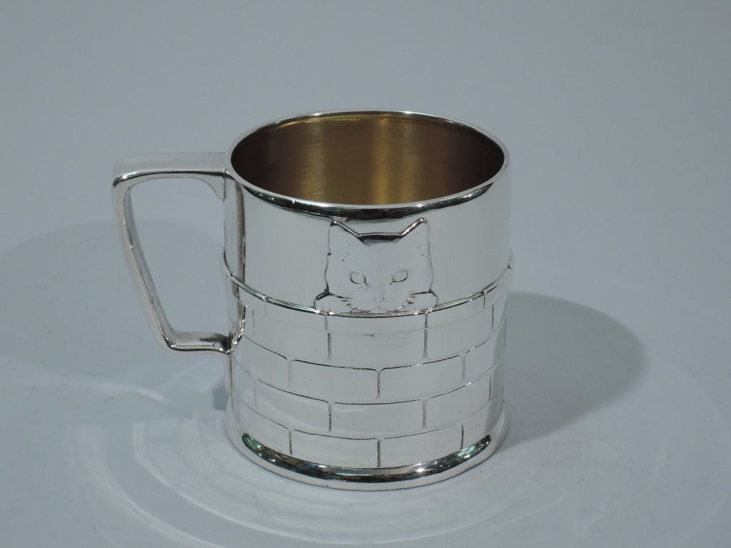 Tiffany Mug - Cats Peeping over Brick Wall - American Sterling Silver - C 1907 In Excellent Condition In New York, NY