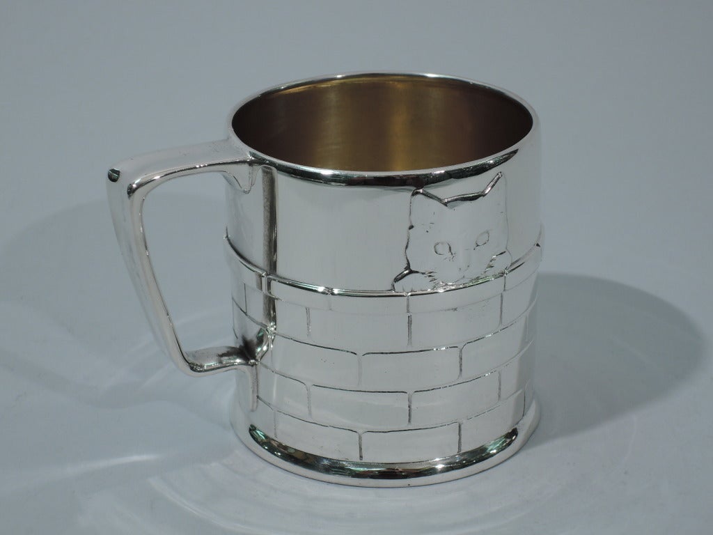 Women's or Men's Tiffany Mug - Cats Peeping over Brick Wall - American Sterling Silver - C 1907