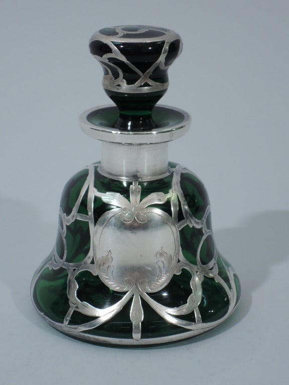 Art Nouveau Daisy Perfume Bottle - Emerald Green Glass & Silver Overlay - C 1890