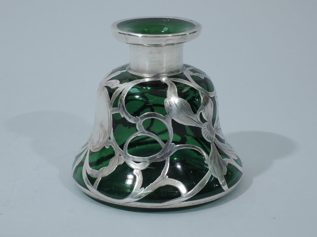 Daisy Perfume Bottle - Emerald Green Glass & Silver Overlay - C 1890 1