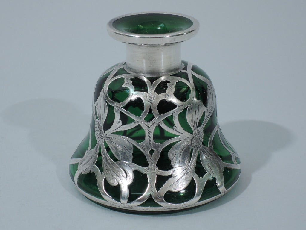 Daisy Perfume Bottle - Emerald Green Glass & Silver Overlay - C 1890 2