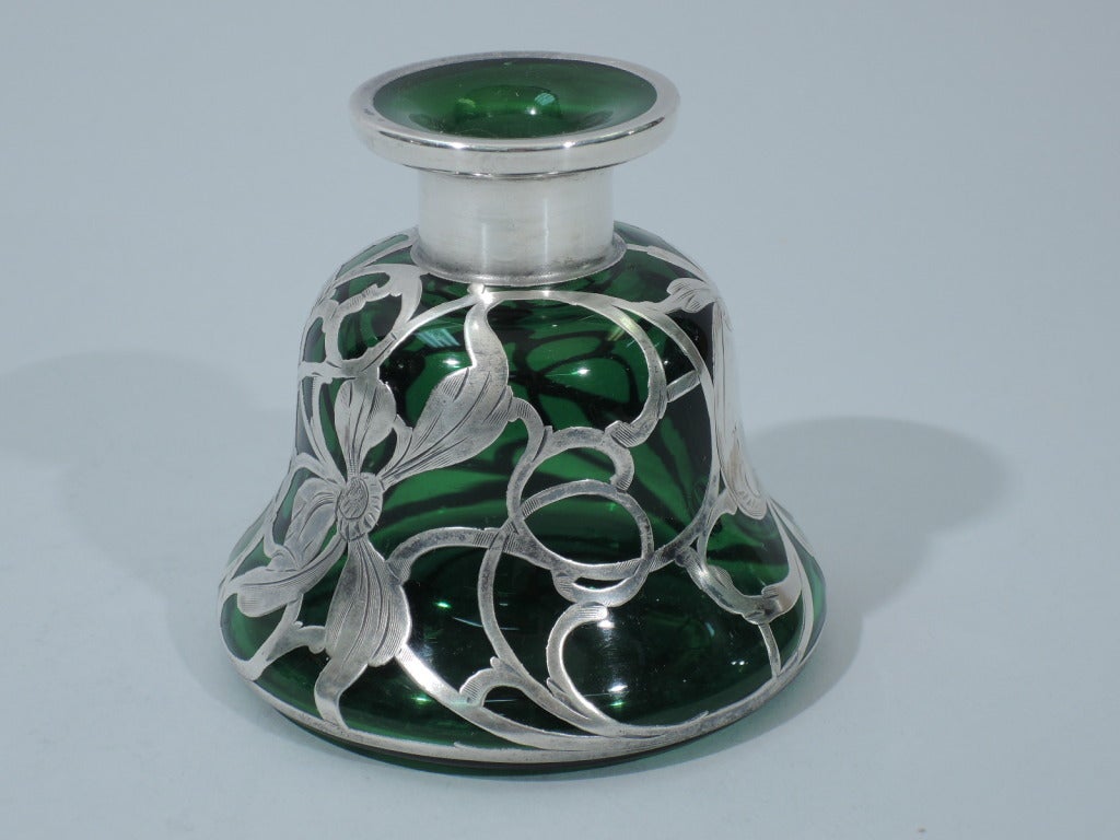 Daisy Perfume Bottle - Emerald Green Glass & Silver Overlay - C 1890 3