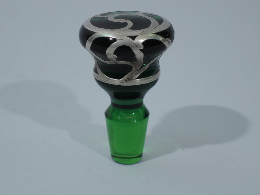 Daisy Perfume Bottle - Emerald Green Glass & Silver Overlay - C 1890 4