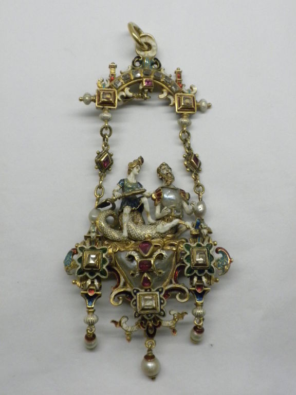 Magnificent Gold, Enamel, Pearl, Ruby and Diamond Renaissance Revival Pendant, Circa 1880, Depicting a mythological scene of Triton and Athena.  This piece is one of the finest Renaissance Revival pieces of jewelry we have ever had in our store. 