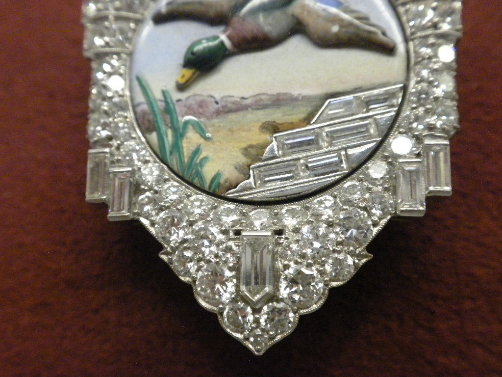 Art Deco Clip with Ducks - Diamond, Platinum, & Enamel - C 1930 1