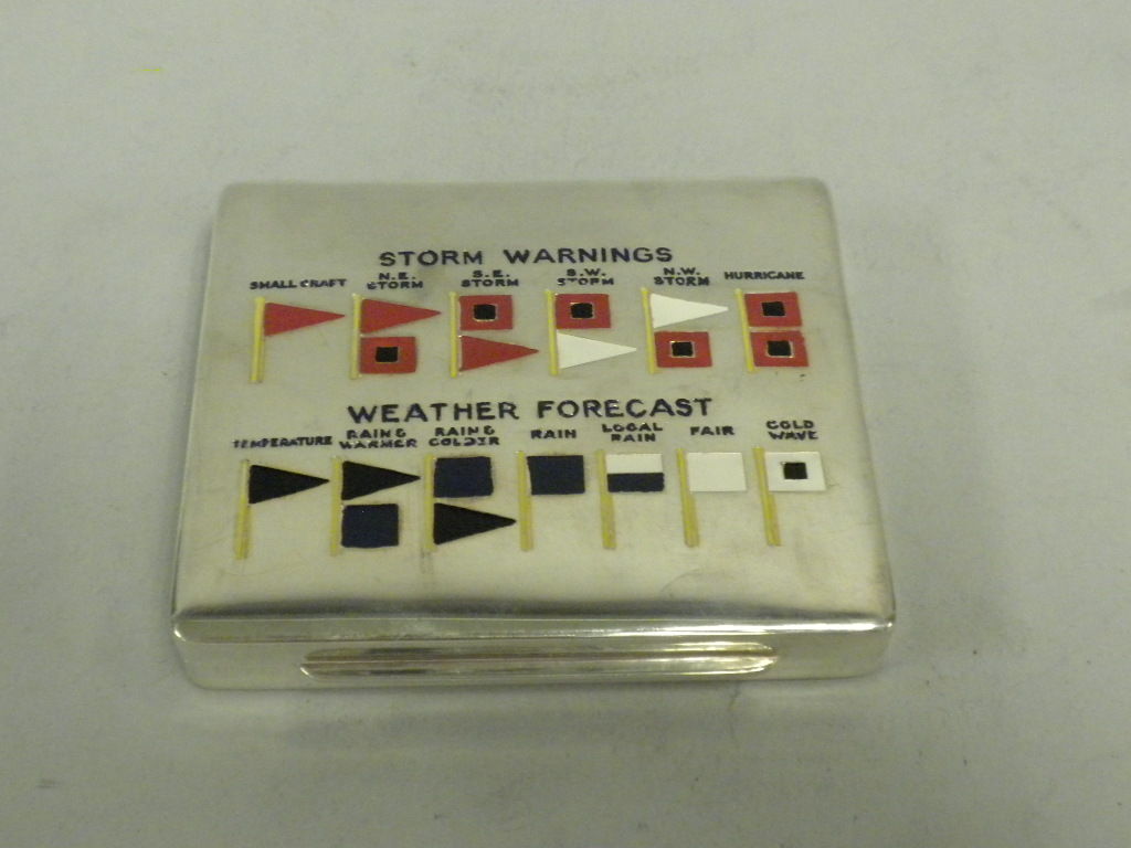 Sterling Silver and Enamel Novelty Storm Warnings and Weather Forecast Novelty Box by Thomae Co., Attleboro, Mass., Circa 1930.  This lovely box is of very high quality, with the nautical flags beautifully enameled to depict weather condition