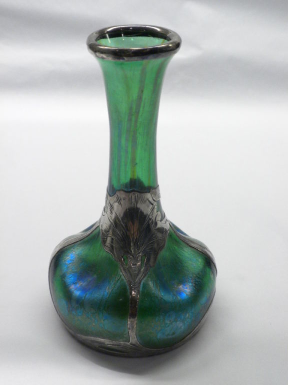 Loetz Art Glass and Sterling Overlay Vase, Circa 1900
