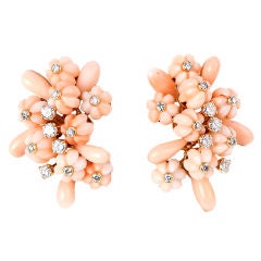Vintage Petits Fleurs Angelskin Coral and Diamond Earrings