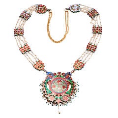Antique Impressive Jaipur Diamond and Enamel Peacock Medallion Necklace