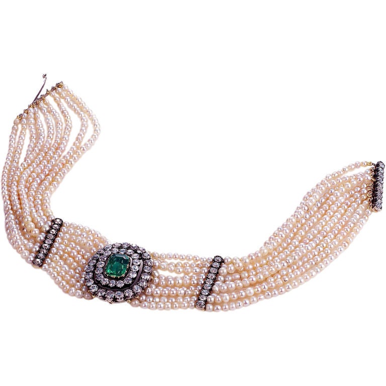 Magnificent Victorian Emerald Diamond Pearl Dog Collar For Sale