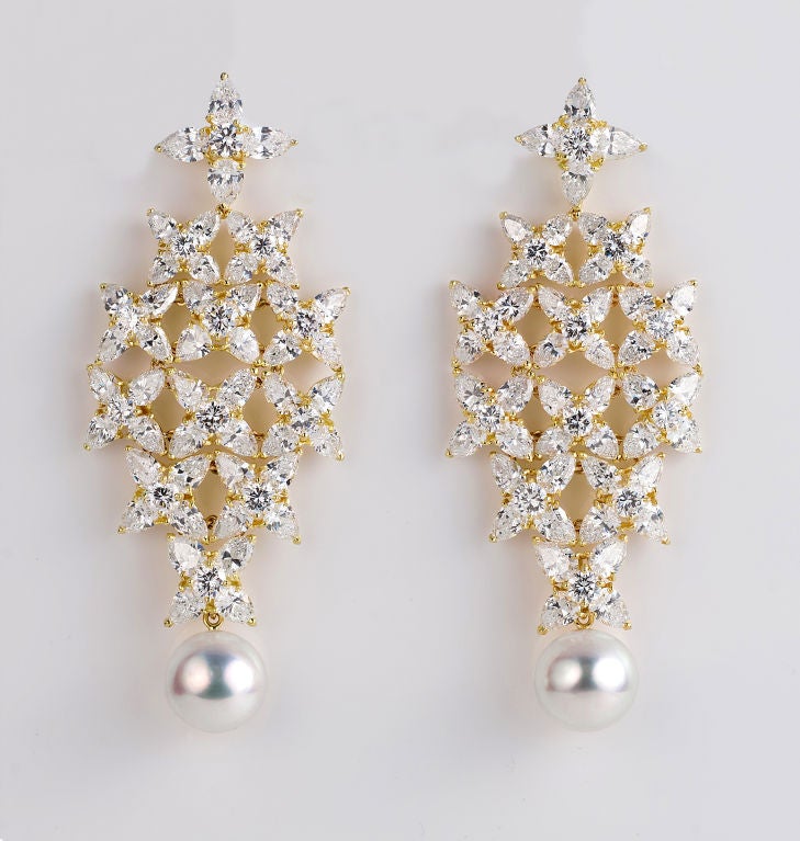 Trefoil Diamond Cluster South Sea Pearl Chandelier Earrings