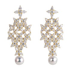 Trefoil Diamond Cluster South Sea Pearl Chandelier Earrings