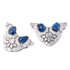 Art Deco Carved Sapphire and Diamond Dress Clips