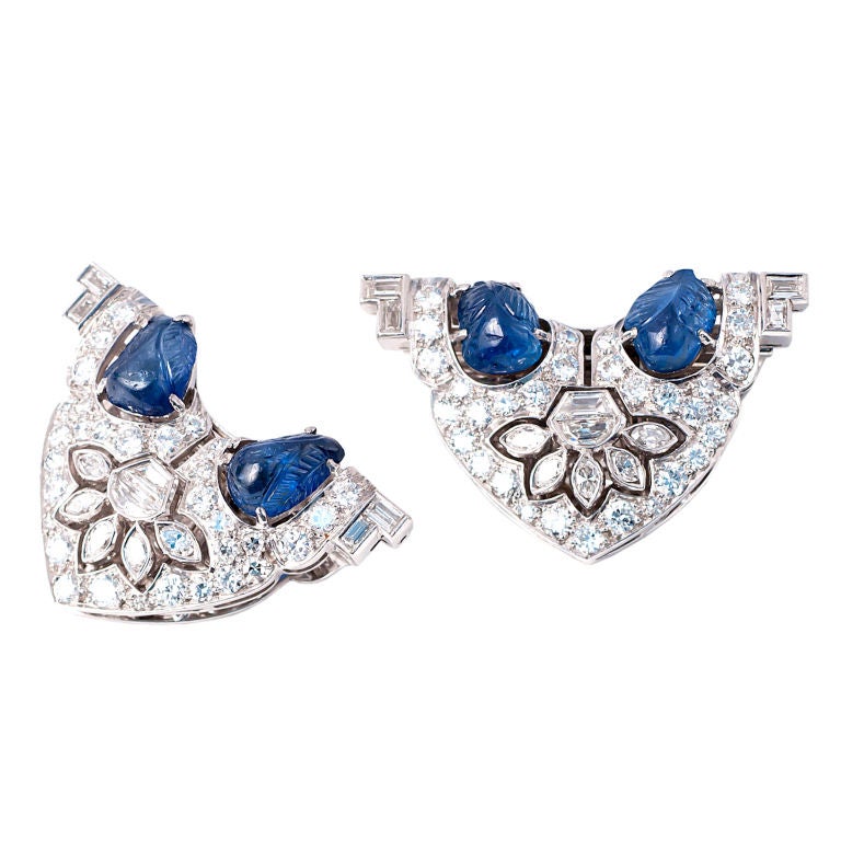 Art Deco Carved Sapphire and Diamond Dress Clips For Sale