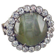 Magnificent Antique  22.68ct Catseye  Beryl Diamond Cluster  Ring
