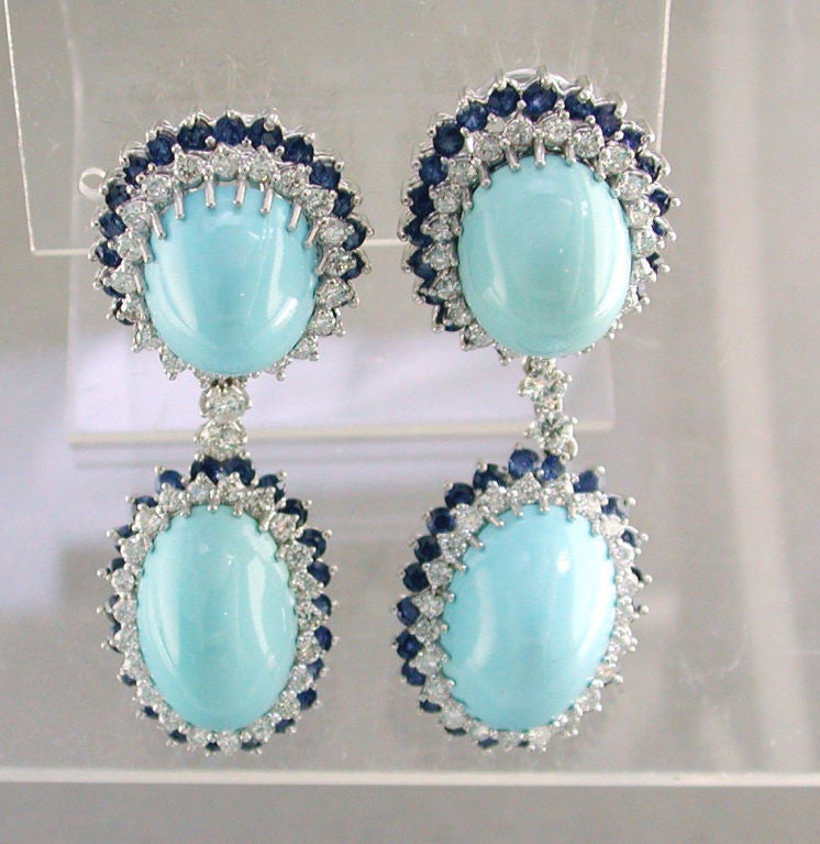 Turquoise drop earrings with diamond and sapphire surround
