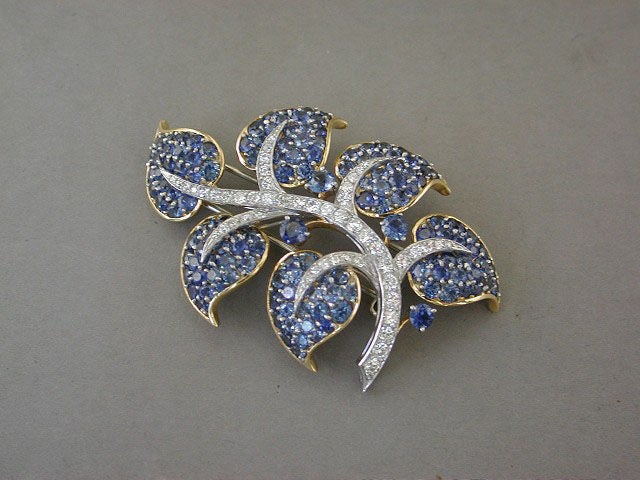 Montana sapphire and diamond leaf brooch