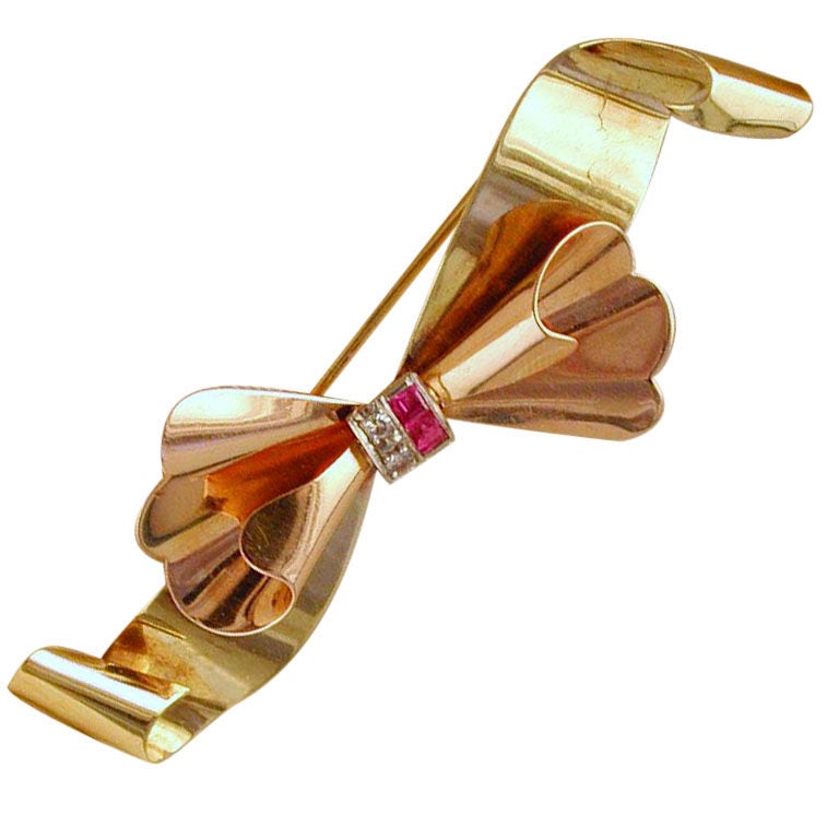 Retro 2-tone yellow and pink gold bow pin with box by Tiffany For Sale