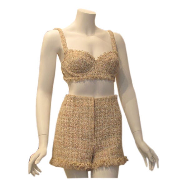 Chanel 2 PC Tweed Bra Top and Short Set at 1stDibs