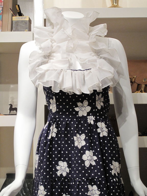 Oscar De La Renta Navy Floral Halter Dress w/Ruffle Collar