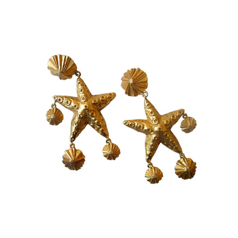 Christian LaCroix Gold Star Fish and Sea Shell Earrings For Sale