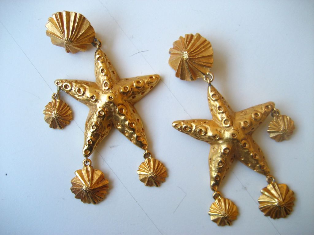Christian LaCroix Gold Star Fish and Sea Shell Earrings