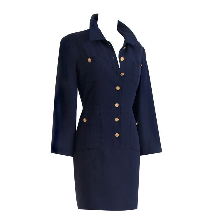 1990's Chanel Navy Crepe Gold Button Dress For Sale