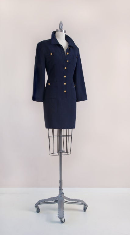 Women's 1990's Chanel Navy Crepe Gold Button Dress For Sale