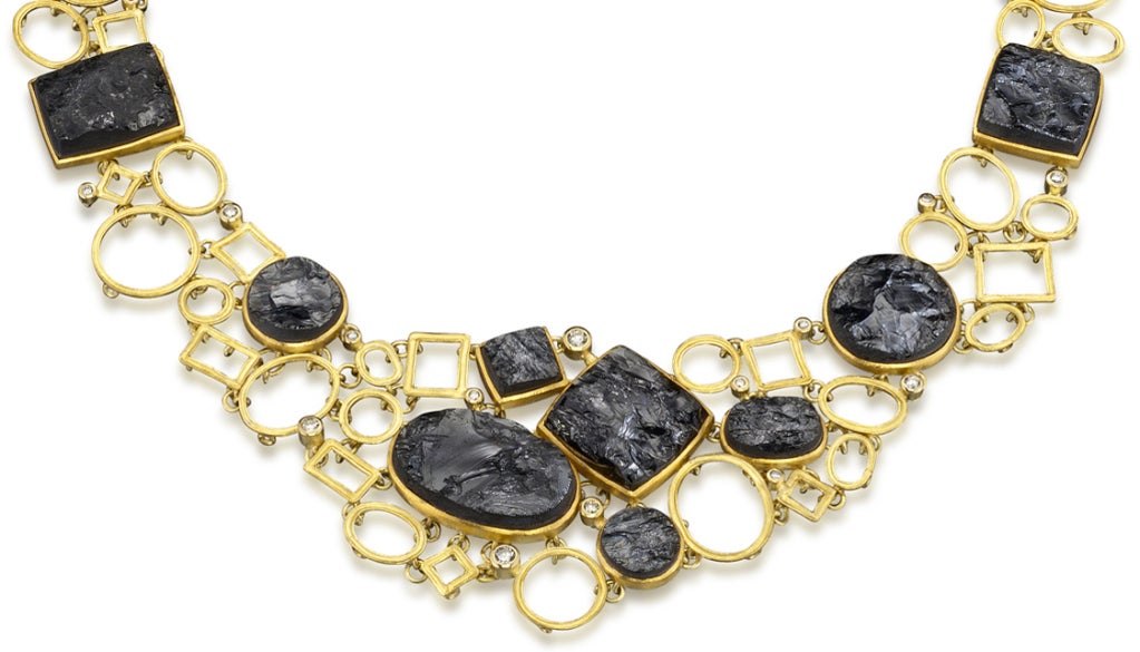 A bold and elegant statement, this magnificent Stone Pathway III necklace by jewelry artist Liaung-Chung Yen features linked geometric shapes interspersed with brilliant cut white diamonds and black cabochon tourmalines.