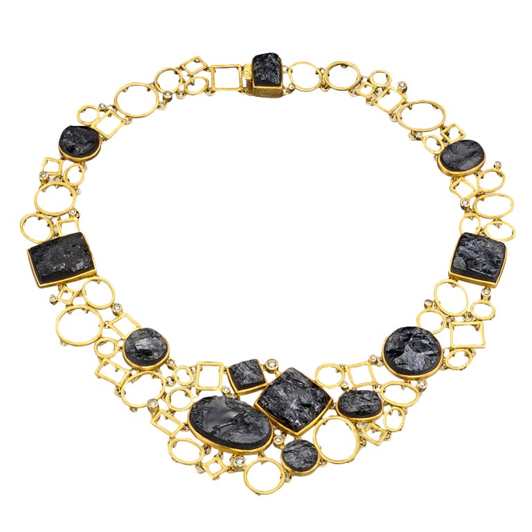 Necklace in Gold, Diamonds & Black Tourmalines For Sale