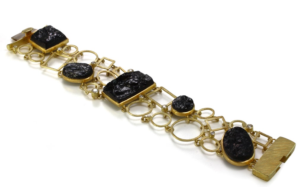 Gold Bracelet with Diamonds & Black Tourmalines