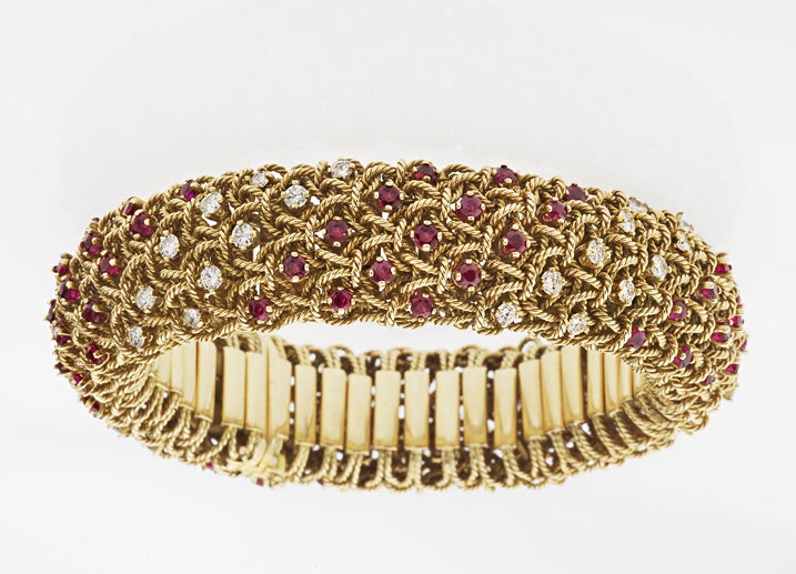Women's French Gold Rope Twist Bracelet with Rubies and Diamonds For Sale