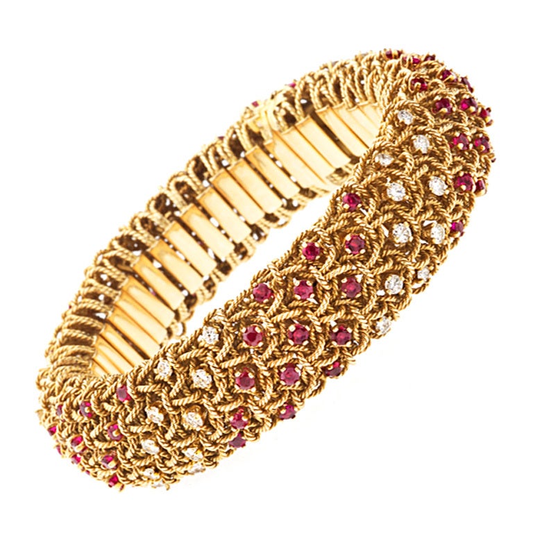 French Gold Rope Twist Bracelet with Rubies and Diamonds For Sale