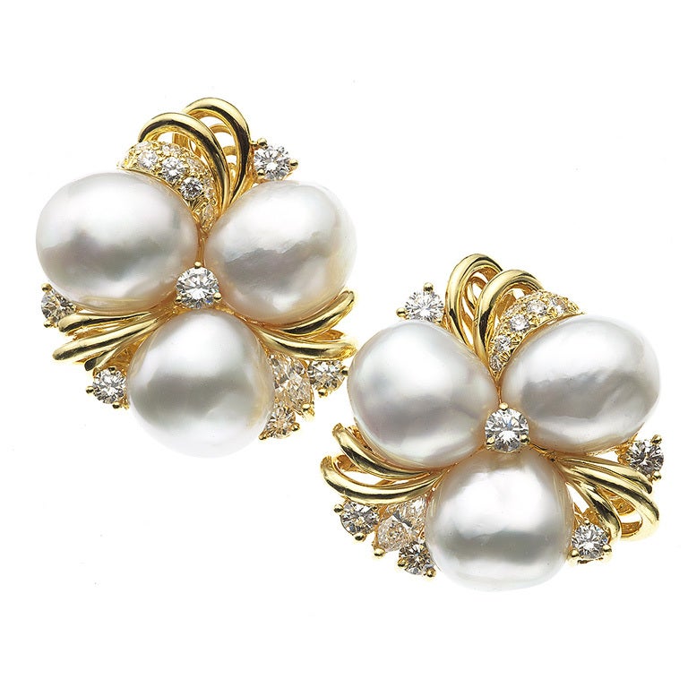 Pearl, Diamond and Gold Earrings by Henry Dunay For Sale