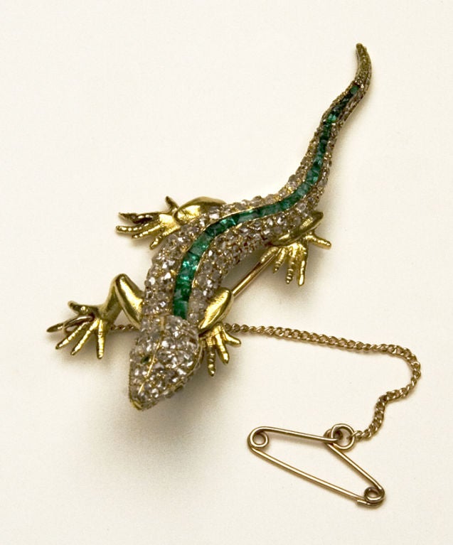 Edwardian Emerald Rose Cut Diamond Lizard Pin For Sale 1