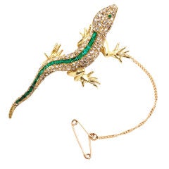 Edwardian Emerald Rose Cut Diamond Lizard Pin