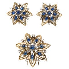 Cabochon Sapphire and Diamond Brooch with Matching Earrings