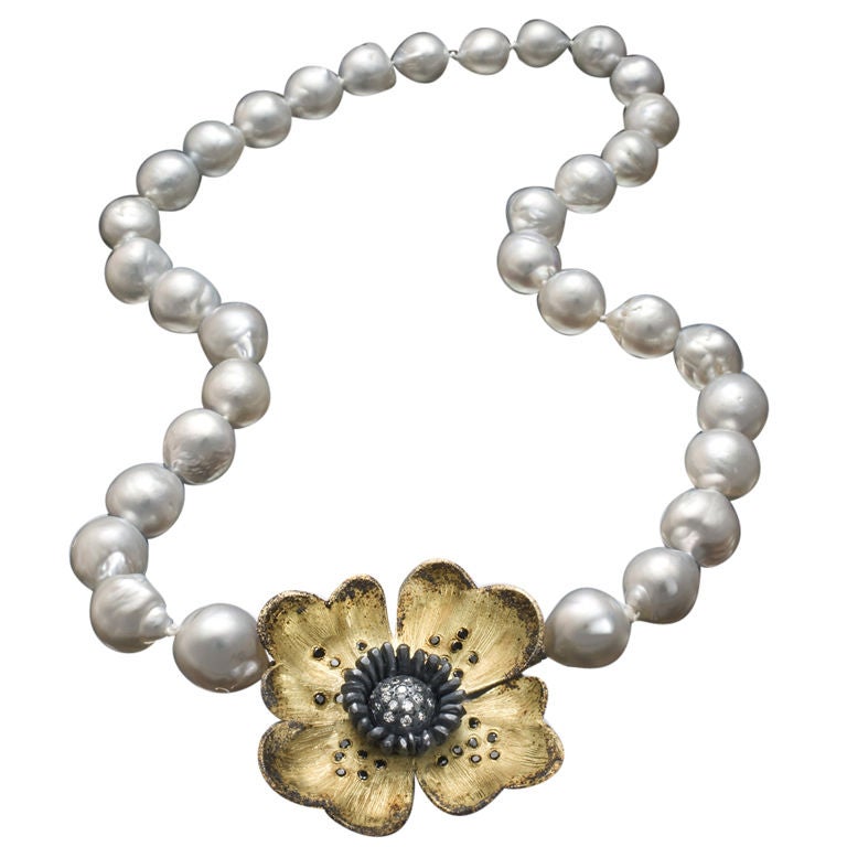 Dogwood Flower brooch/pendant on Baroque Tahitian Pearl Strand For Sale