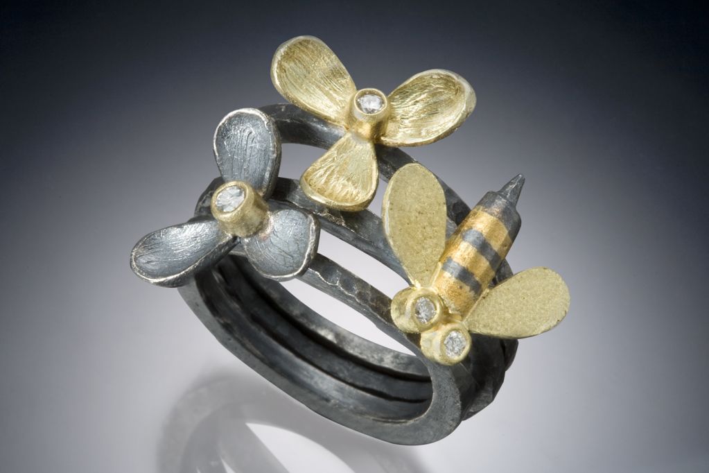 Hydrangea and Bee Diamond, Silver and Gold Stack Rings
