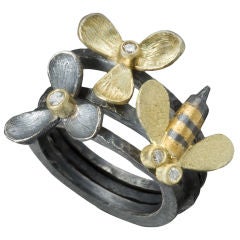 Hydrangea and Bee Diamond, Silver and Gold Stack Rings