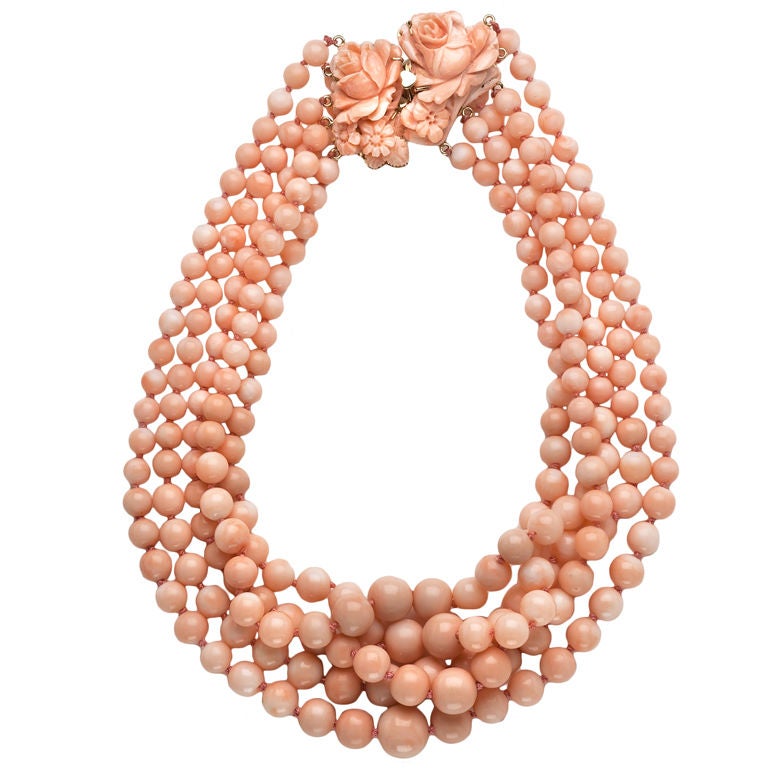 Angel Skin Coral Five Strand Necklace at 1stDibs