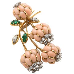Angel Skin Coral, Emerald and Diamond Flower Brooch