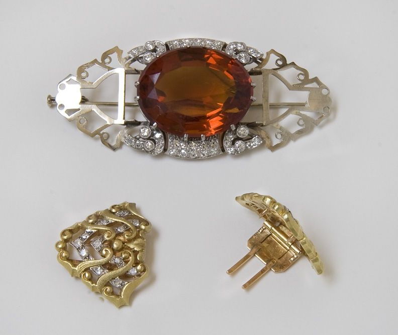 Women's or Men's Madeira Citrine and Diamond Brooch by George Auger France For Sale