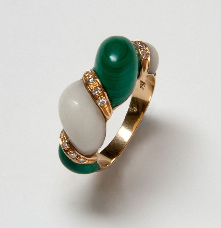 Women's Malachite, White Coral, Diamond and Gold Ring For Sale