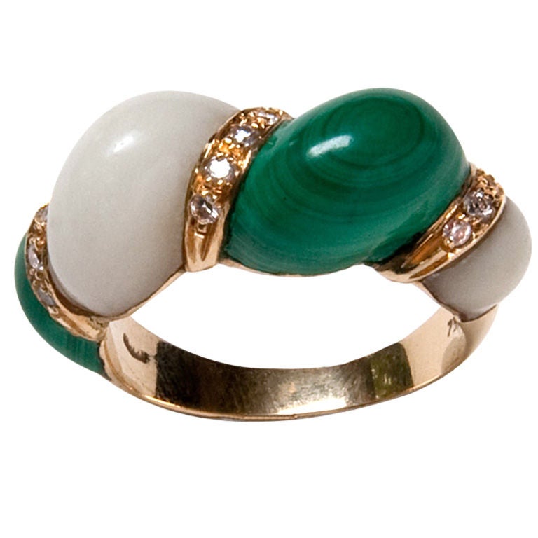 Malachite, White Coral, Diamond and Gold Ring For Sale