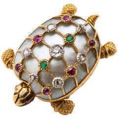 Vintage Mother of Pearl, Diamond, Emerald and Ruby Turtle Pin
