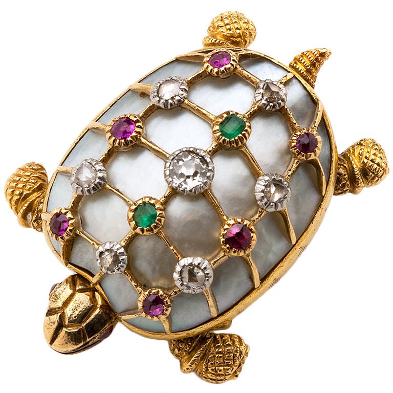 Mother of Pearl, Diamond, Emerald and Ruby Turtle Pin For Sale