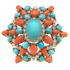Coral, Turquoise and Diamond Brooch