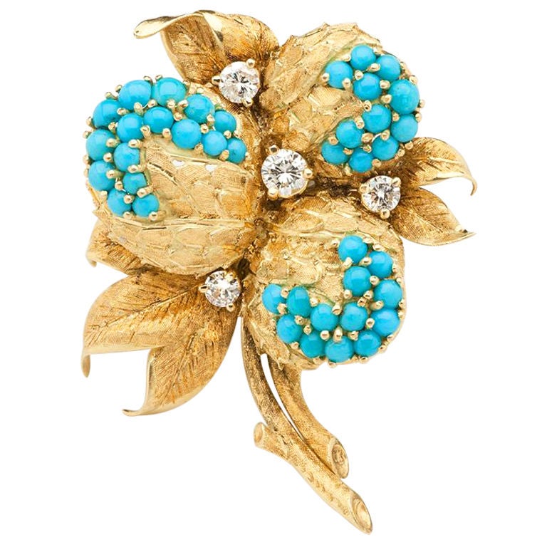 Turquoise and Diamond Brooch For Sale