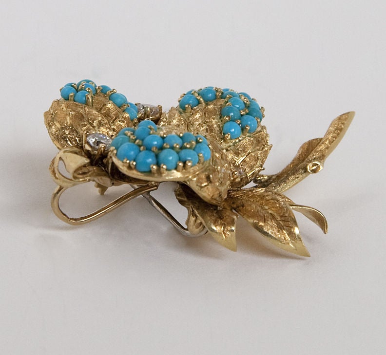 Turquoise and Diamond Brooch For Sale at 1stDibs